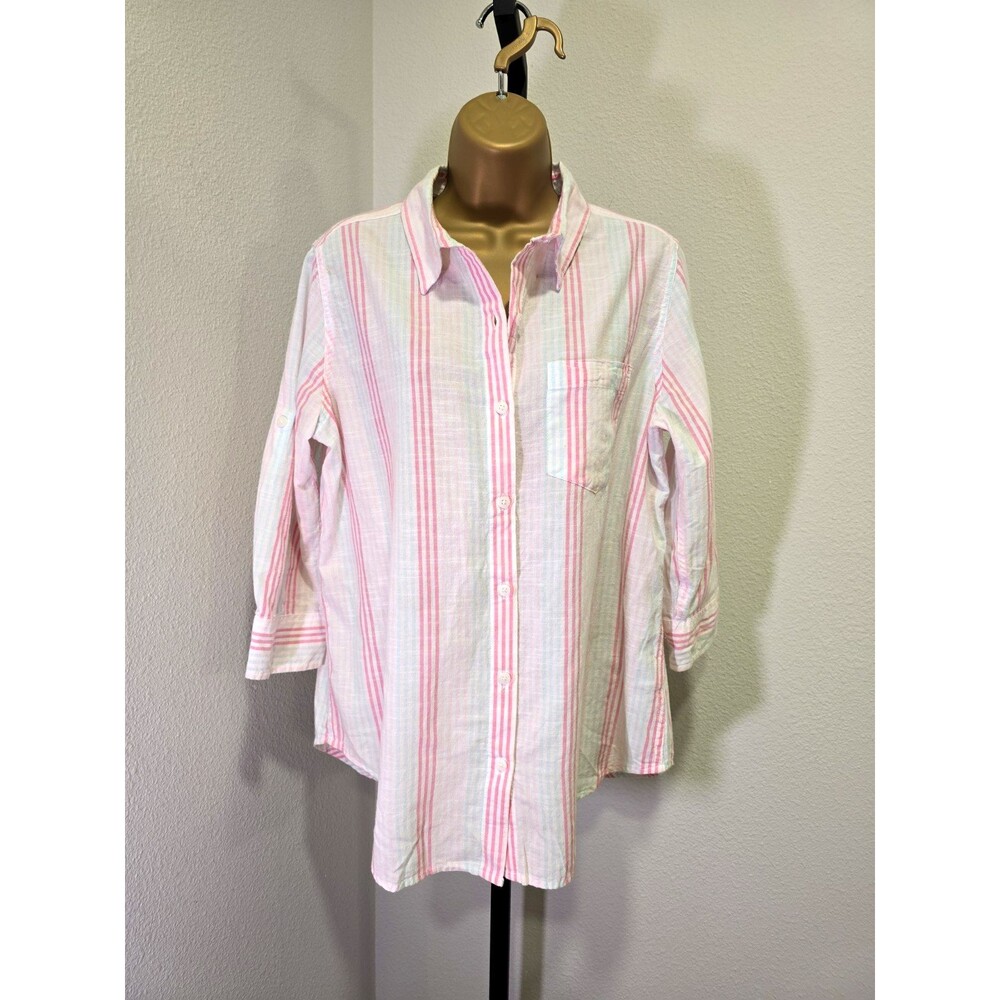 Dash Striped Cotton Button Shirt Womens Medium Pink Green Coastal Preppy Granola